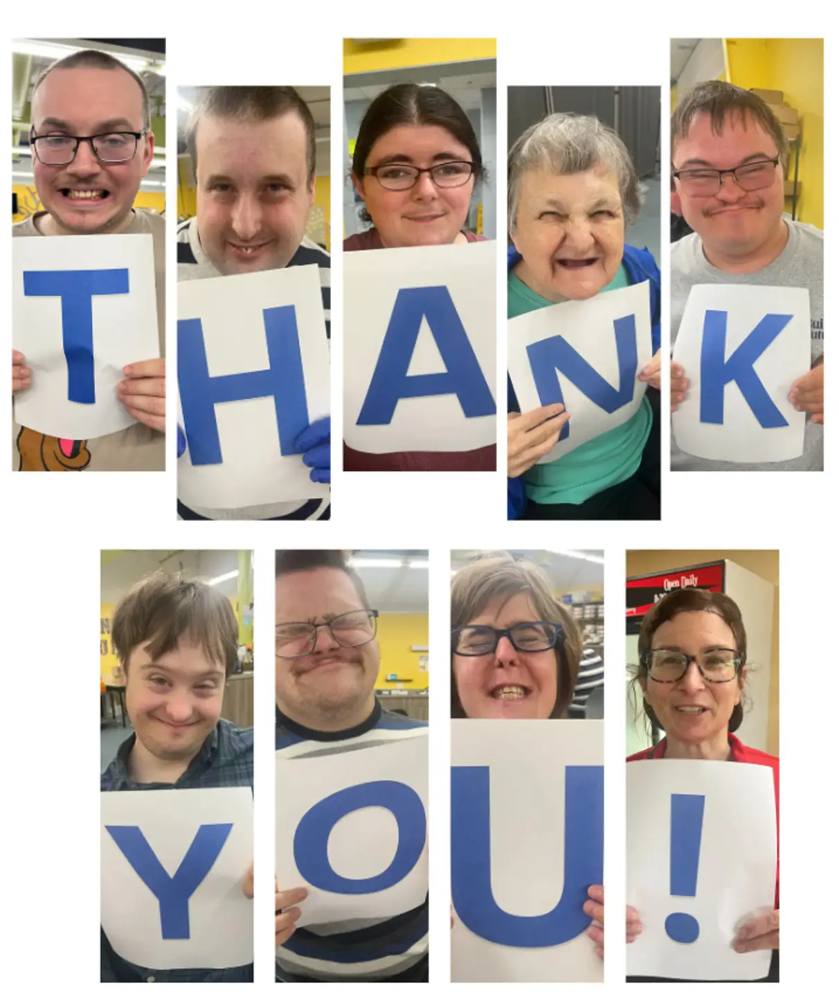 collage of people holding letter signs to spell thank you